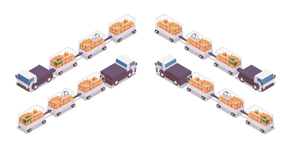 Isometrisk Uppsättning Elektriska Bagagetraktorer Med Öppna Släpvagnar För Transport Bagage — Stock vektor