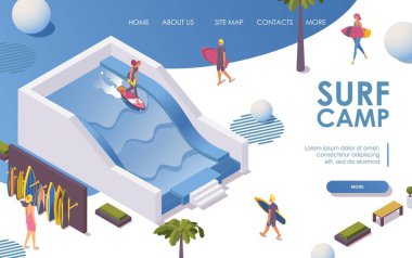 Otelde sörf havuzu için Isometric iniş sayfası, sörf kampı...