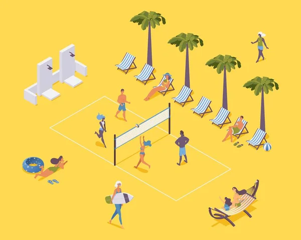 Isometrisches Beachvolleyball Mit Spielern Und Zuschauern Auf Sonnenliegen — Stockvektor