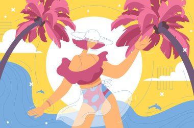 Konsept kadın tropikal yaz tatilinin tadını çıkarıyor. Seyahat ve eğlence, palmiyeler ve deniz illüstrasyonları pembe ve mavi.