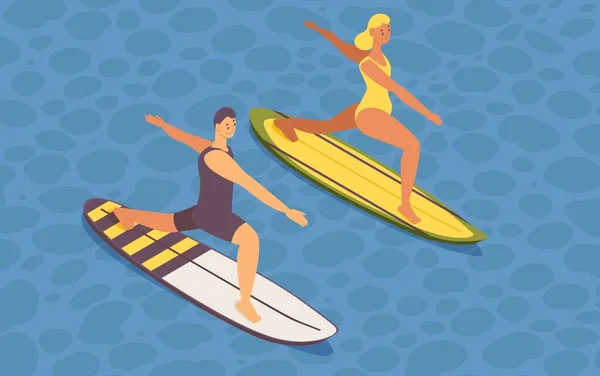 Isometrische Jongen Meisje Doen Sup Yoga Surfplank Begrip Illustratie — Stockvector