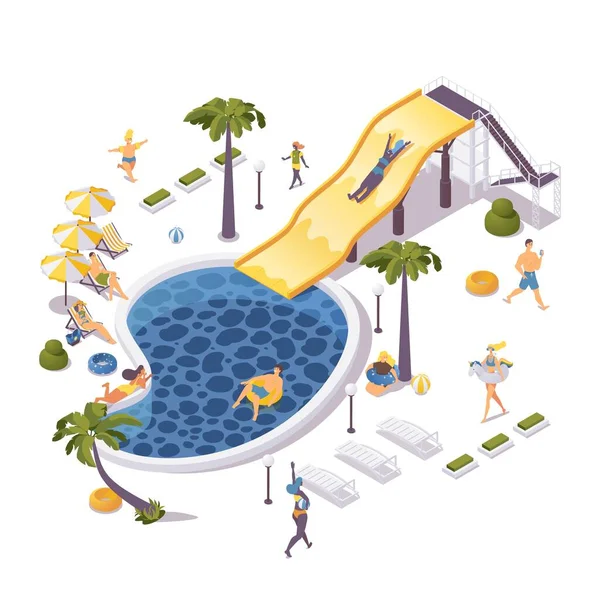 Isometric Aqua Park Concept Scène Avec Des Gens Détendre Sur — Image vectorielle