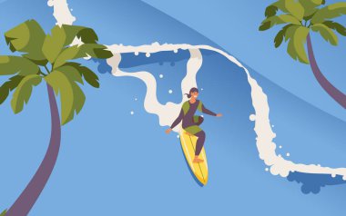 Sörf tahtası süren bir adam. Uzun dalga, avuç içleri. Ekstrem spor sahnesini kavra.