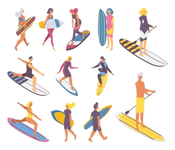 Isometrische Zette Mensen Surfplank Jongens Meisjes Surfers Doen Yoga Opstaan — Stockvector