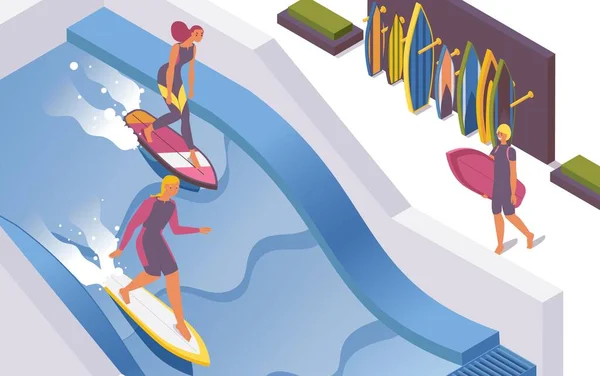 Isometrische Vektor Surfwellenpools Hotel Wasserpark Surferschule Die Leute Trainieren Auf — Stockvektor