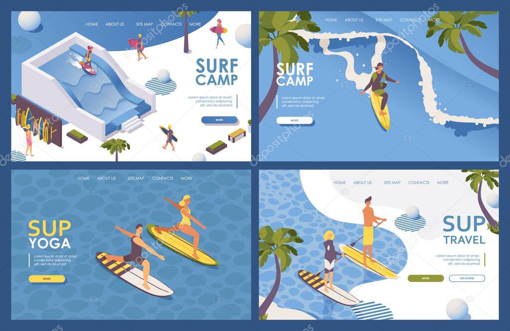 Set of landing pages isometric for surfing school. Long wave, palms. Concept extreme sport outdoor scene. Tropical banners good for surf camp web site, sup yoga, stand up paddle board in blue.