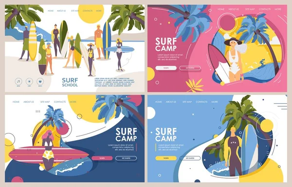 Surf Camp Surfing Σχολικά Banners Πρότυπα Landing Page Ζωντανά Χρώματα — Διανυσματικό Αρχείο