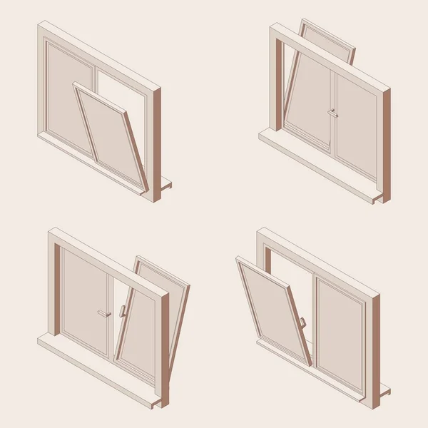 Serie Contorni Isometrici Finestre Aperte Finestre Con Doppi Vetri Illustrazione — Vettoriale Stock