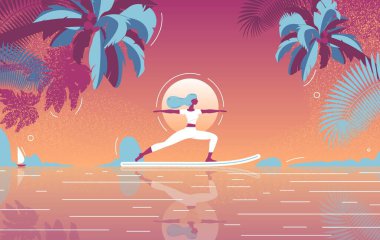 Sunset sup yoga vektör illüstrasyonu. Düz karakterli, palmiyeli ve canlı renklerde deniz manzaralı bir tropik cennet..