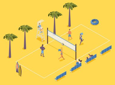 Isometric plaj voleybolu. Oyuncular, yargıç ve seyirciler sarı arka planda..