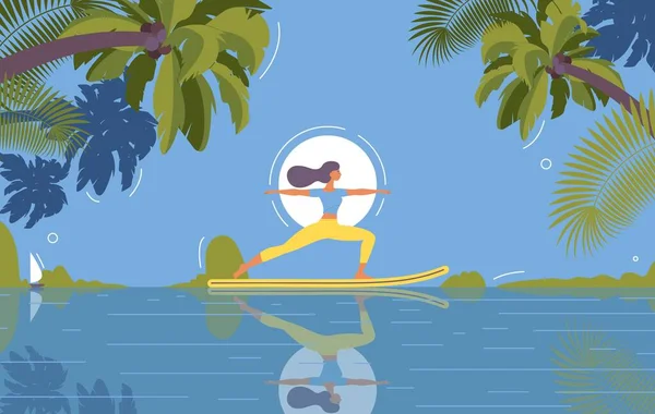 日景素食瑜伽矢量概念图解 热带天堂 女性平坦的性格 棕榈和蓝色背景的海景 — 图库矢量图片