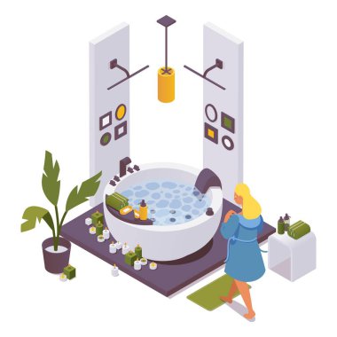 Bornozlu bir kız spa ya da jakuziyi eve, otele ya da villaya götürüyor. Su ve banyo aksesuarlı koleksiyon..