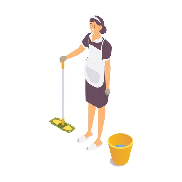 Isometric Hotel Cleaning Lady Character Mop Bucket Water Uniform Service — Stock Vector