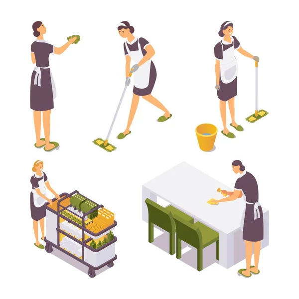 Set Isometric Room Cleaner Woman Trolley Wipes Dust Table Washes — Stock Vector