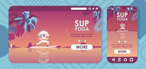 Landing Page Cross Platform Design Sup Ioga Sunset Vector Concept —  Vetores de Stock