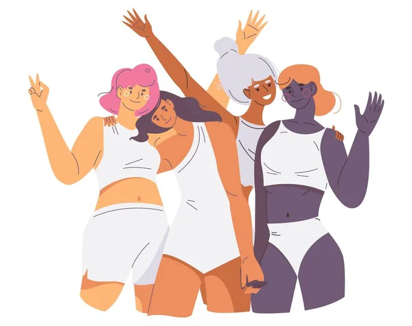 Testpozitív Női Karakterek Különböző Bőrszínekben Mosolygó Nők Ölelgetik Egymást Fehér — Stock Vector