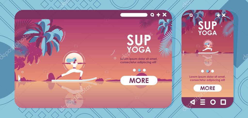 Landing page cross-platform design sup yoga on sunset vector concept illustration. Banners or website headers for mobile and desktop browser in vibrant colors.