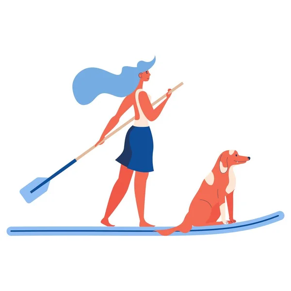 水上乗馬でボードベクトルをサーフィン上の犬と女の子 オレンジと青で白のコンセプトスポーツイラストに分離 一緒のシーン — ストックベクタ