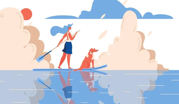 Mädchen Und Hund Reiten Auf Dem Wasser Mit Einem Surfbrett — Stockvektor