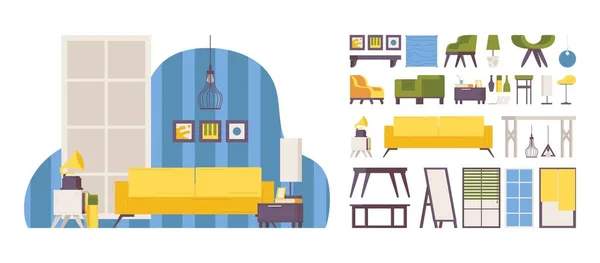 Ensemble Accessoires Pour Maison Vector Illustration Exemple Aménagement Intérieur Couleurs — Image vectorielle