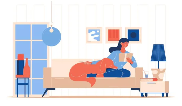 Vector Mujer Joven Leyendo Libro Con Perro Interior Ilustración Conceptual — Archivo Imágenes Vectoriales