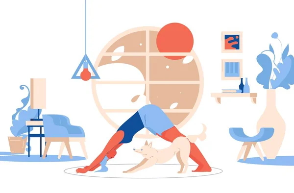 Mujer Haciendo Yoga Con Perro Escena Concepto Interior Vibrantes Colores — Vector de stock