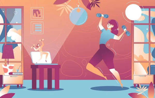 Γυναίκα Κάνει Αερόμπικ Στο Σπίτι Βίντεο Κατάρτισης Αλτήρες Εσωτερική Σκηνή — Διανυσματικό Αρχείο