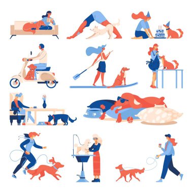 Çeşitli durumlarda köpekler ve sahipleri. Yavru köpeklerle dinlenme ve spor hakkında vektör konsepti toplamak, tımar etmek, beyaz üzerinde izole edilmiş evcil hayvanla seyahat etmek.