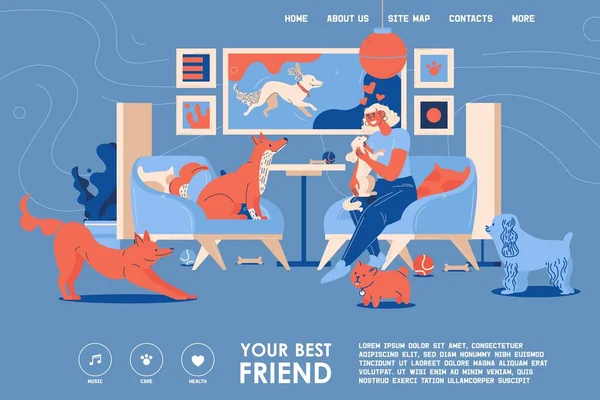 ランディングページ犬親友 かわいい子犬が女の子の足の上に座っている 青とオレンジのペットカフェサービスのコンセプトイラスト — ストックベクタ