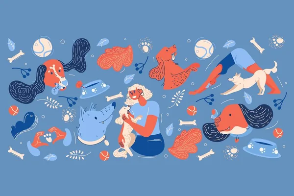 Menina Bonito Abraça Cão Ilustração Conceitual Cachorros Brincando Com Pessoas — Vetor de Stock