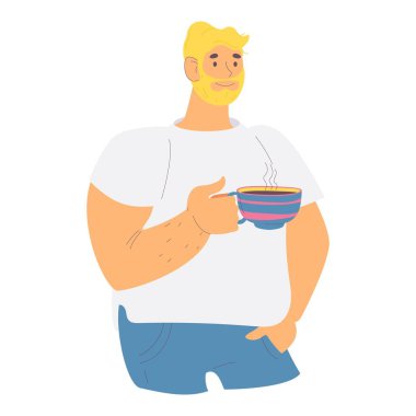 Kahve fincanlı sarışın adam. Beyaz üzerine izole edilmiş vektör düz karakter.