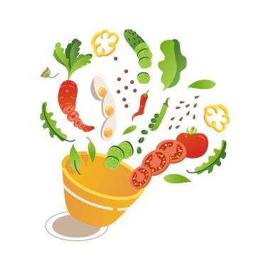 Sebze salatası sahnesi. Domates, havuç, salatalık, yumurta ve baharat gibi vektör dilimlenmiş elementler sarı kasede karışıyor. Vektör illüstrasyonu beyazda izole edildi.