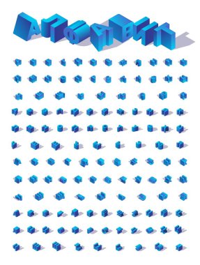 Blue isometric isolated Russian Cyrillic alphabet. Large collection letters in various foreshortening with shadows. Set for writing logo and quotes, capital characters. clipart