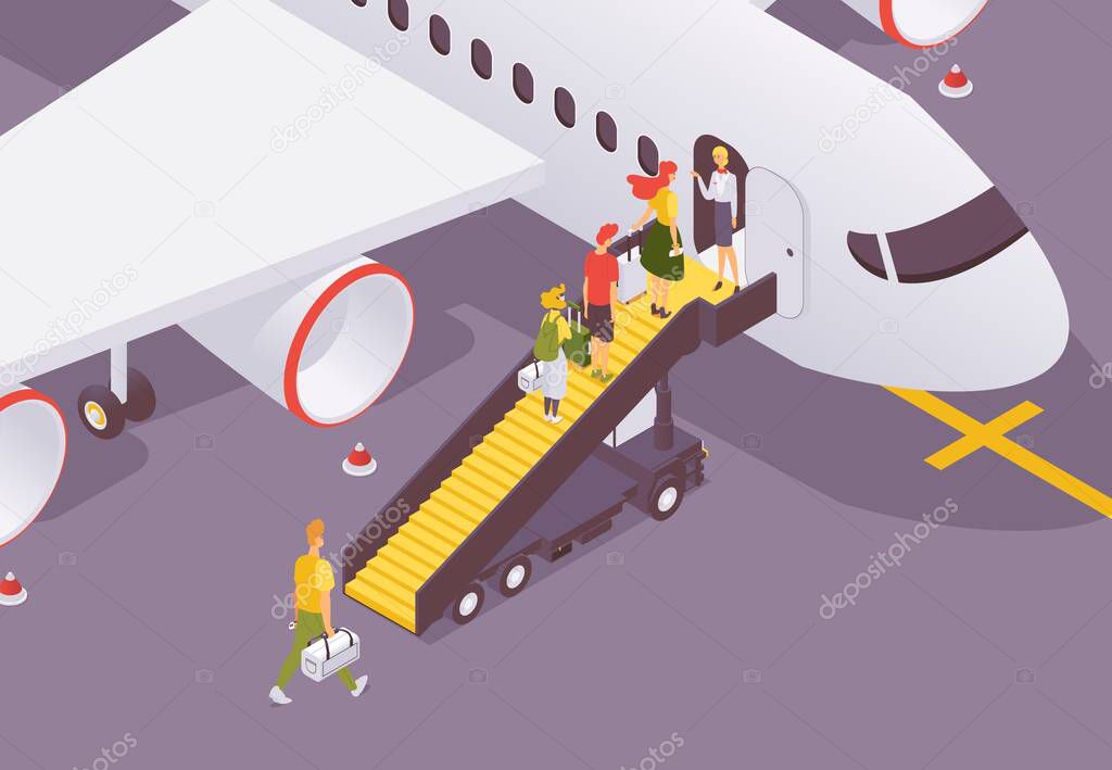 People getting to aircraft isometric scene. Vector characters with luggage and bags walking on passenger stairs while boarding.