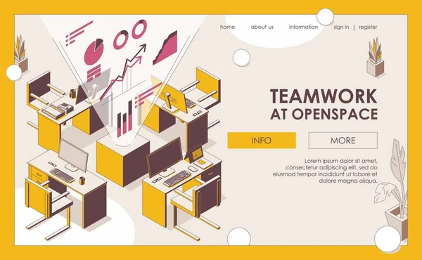 Trabalho Equipe Modelo Isométrico Landing Page Escritório Openspace Tabelas Contorno —  Vetores de Stock