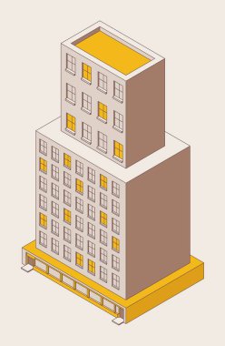 Taslak biçiminde Isome ofis binası. Sarı pencereler. Vektör şehir ögesi.