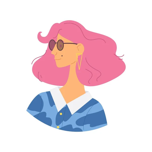 Mladá Žena Tmavých Slunečních Brýlích Růžové Vlasy Úsměv Unikátní Charakter — Stockový vektor