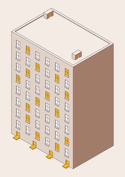 Isometric Garis Besar Bangunan Bertingkat Terisolasi Latar Belakang Jendela Kuning - Stok Vektor