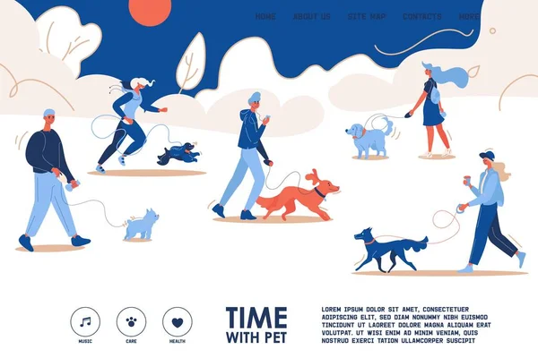 Menschen Gehen Mit Hund Park Landing Page Template Schöne Charaktere — Stockvektor