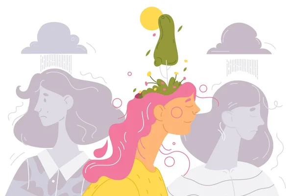 Ilustração Conceitual Sobre Saúde Mental Problemas Mulher Feliz Com Harmonia —  Vetores de Stock