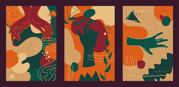 Kadın Eli Soyut Şekil Çizgilerle Çizilmiş Dikey Kartlar Canlı Sonbahar — Stok Vektör