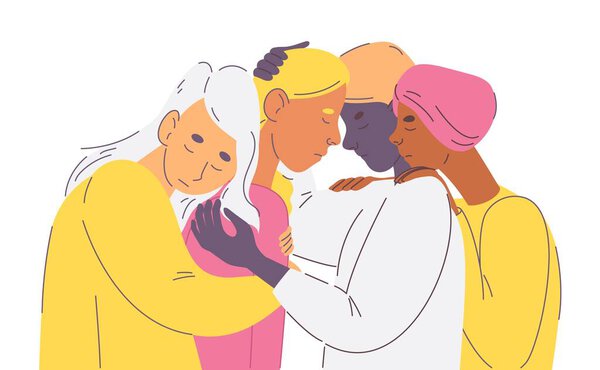 Young female friends supporting girl in hard moment. Concept illustration with close characters hugging each others. Closed eyes. Various races.