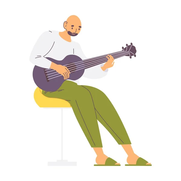 秃头的男人会弹吉他家里的休闲装与白人音乐家性格隔离 — 图库矢量图片