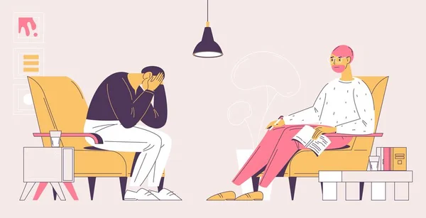 Uomo Depresso Durante Consultazione Psicoterapeuta Dottore Sorridente Interni Minimalisti Illustrazione — Vettoriale Stock