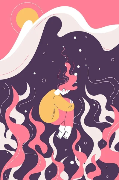 Depresyon denizinde batan genç bir kadın. Pembe ve sarı renkli kavramsal karakter tasarımı. Grafik tasarımında üzüntü ve zihinsel sorunlar fikri.