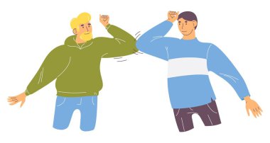 Dirsek selamlama konsepti çizimi. Covid-19 salgını sırasında temassız tümsek. Arkadaşlarına merhaba demenin sağlıklı ve güvenli bir yolu.