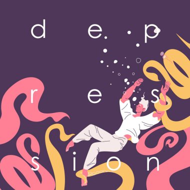 Depresyon konsepti illüstrasyonunda insan suya batar ve ahtapot onu derinlere çeker. Küçük harf.