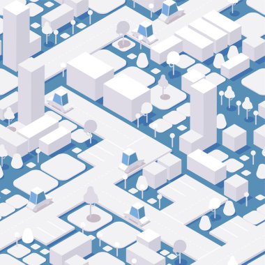 Mavi arka planda gündüz kenti kusursuz desen. Vektör kaplanabilir tasarımı.