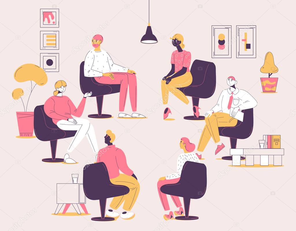 Group therapy session. Concept illustration with various people sitting in psychotherapy circle and one therapists working with several patients.