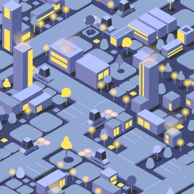 Şehir, arabalar, ağaçlar, sarı şimşekler ve mavi binalarla kusursuz bir düzen. Vektör illüstrasyonu.